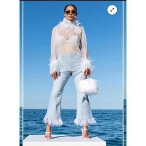 Akira Sheer White Feather Trim Long Sleeve Organza Blouse Size Large